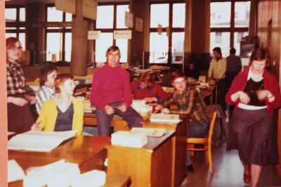 Schiller Sonja, Herzog Gust, Göbl Marianne, Jungbauer Franz (Knochi), Scharf Peter, Fuller Willi, Weiß Waltraud, hinten Stieglbauer Adolf (1979)
